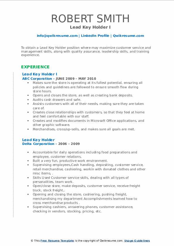 Lead Key Holder Resume Samples QwikResume