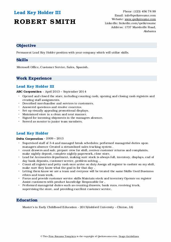 Lead Key Holder Resume Samples QwikResume