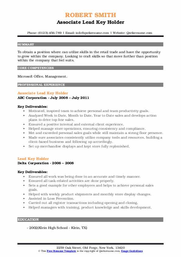 Lead Key Holder Resume Samples QwikResume