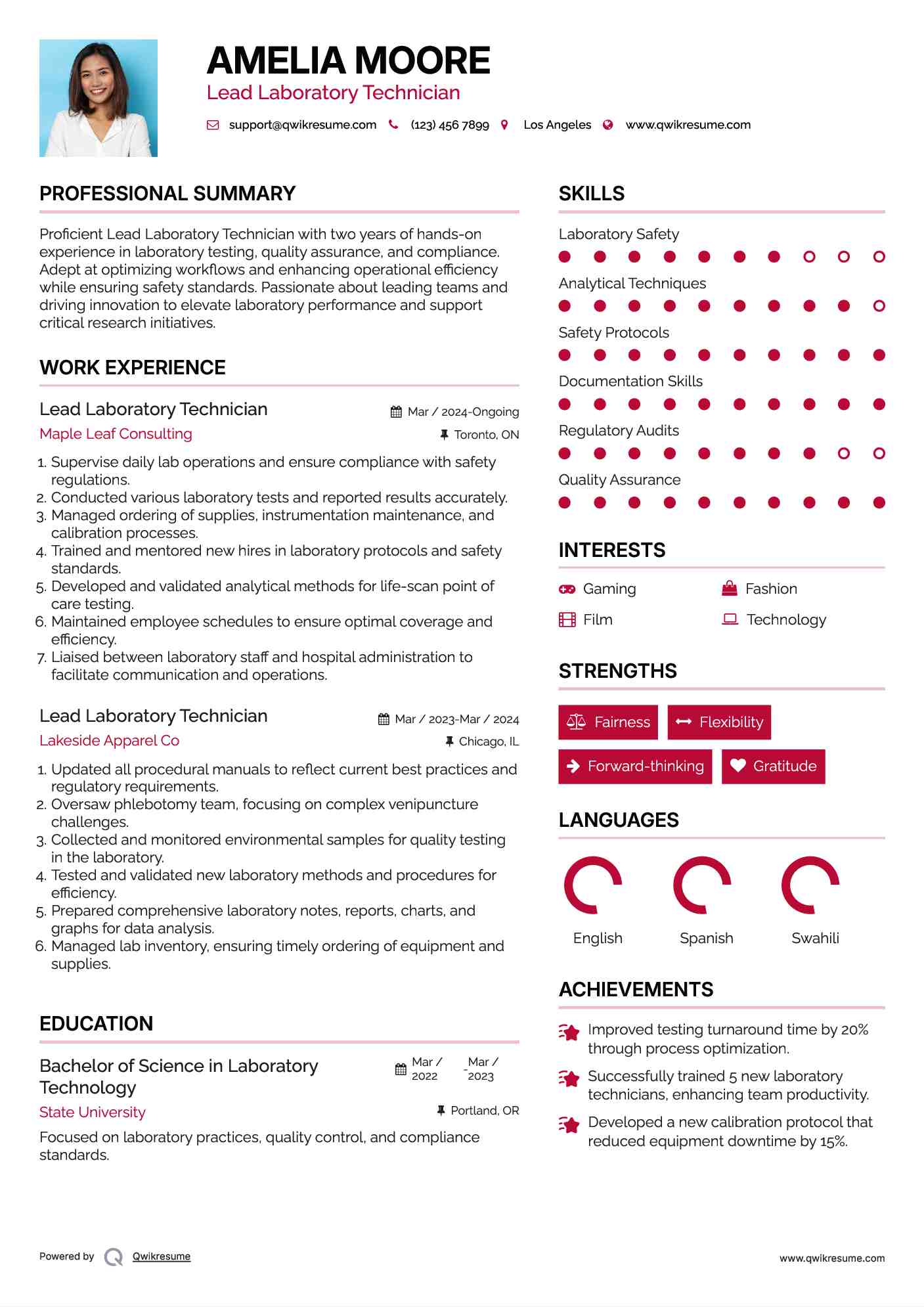 Lead Laboratory Technician Resume Template