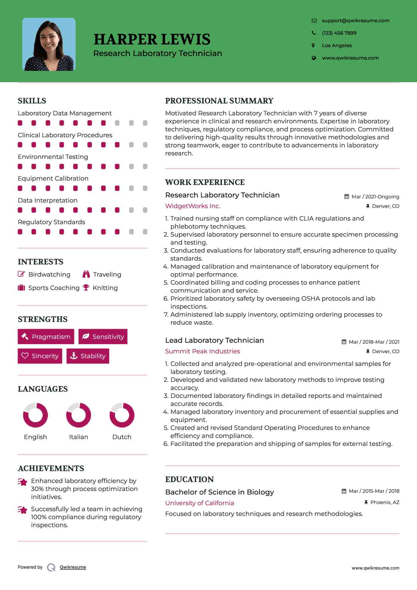 Research Laboratory Technician Resume Model