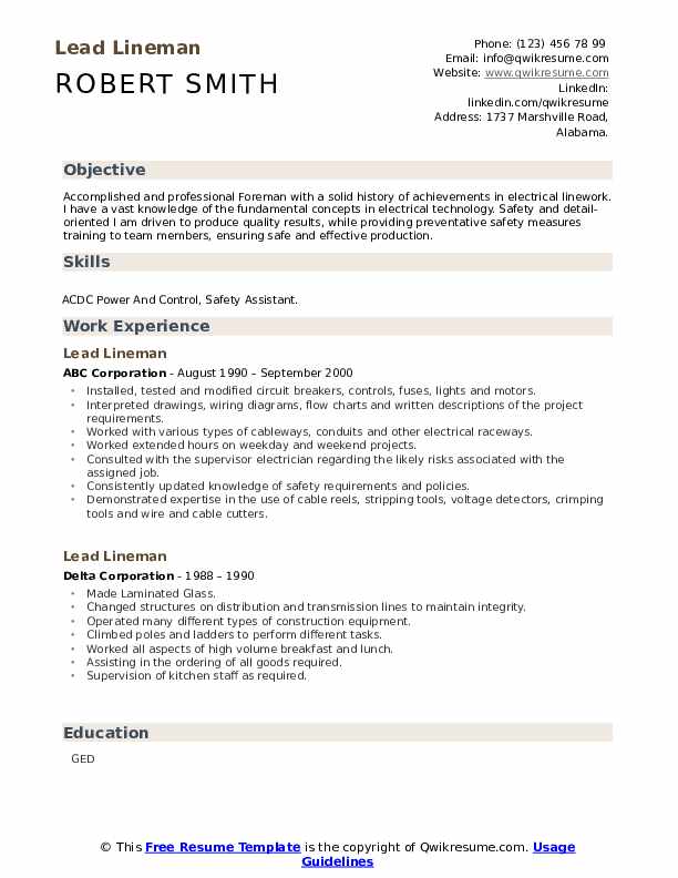 Lead Lineman Resume Samples QwikResume - Lead Lineman 1663324911 Pdf