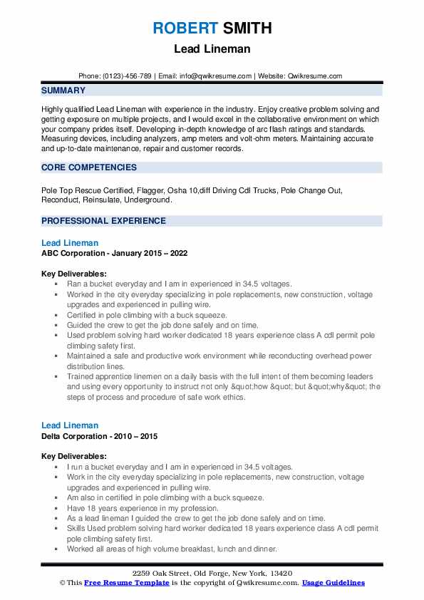 Lead Lineman Resume Samples QwikResume - Lead Lineman 1663325925 Pdf
