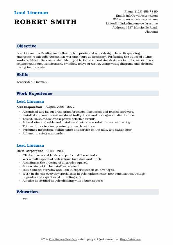 Lead Lineman Resume Samples QwikResume