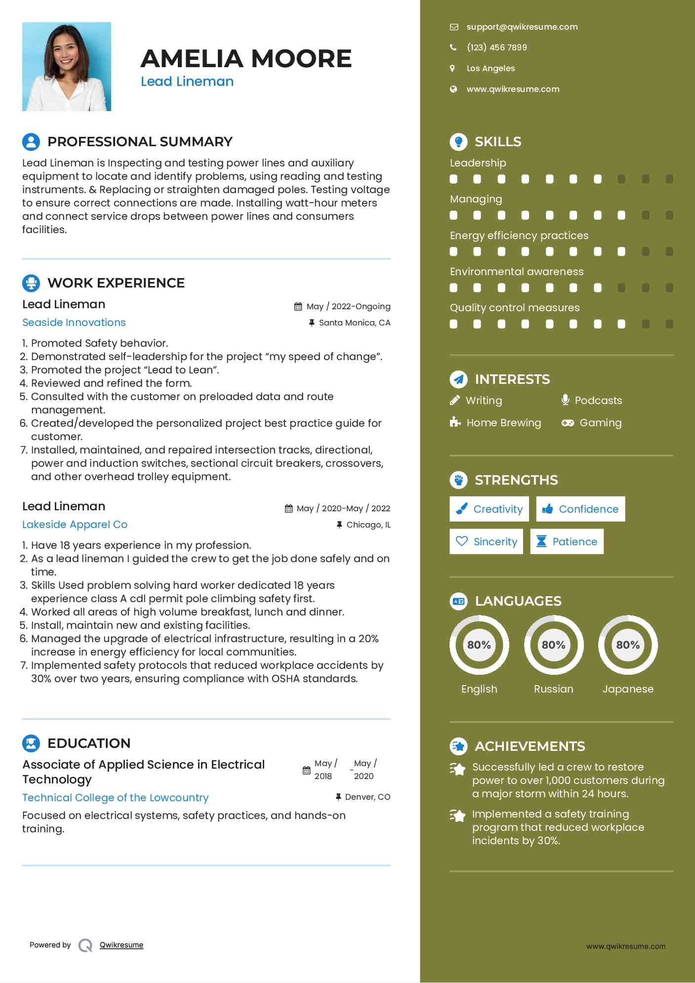 Lead Lineman Resume Example