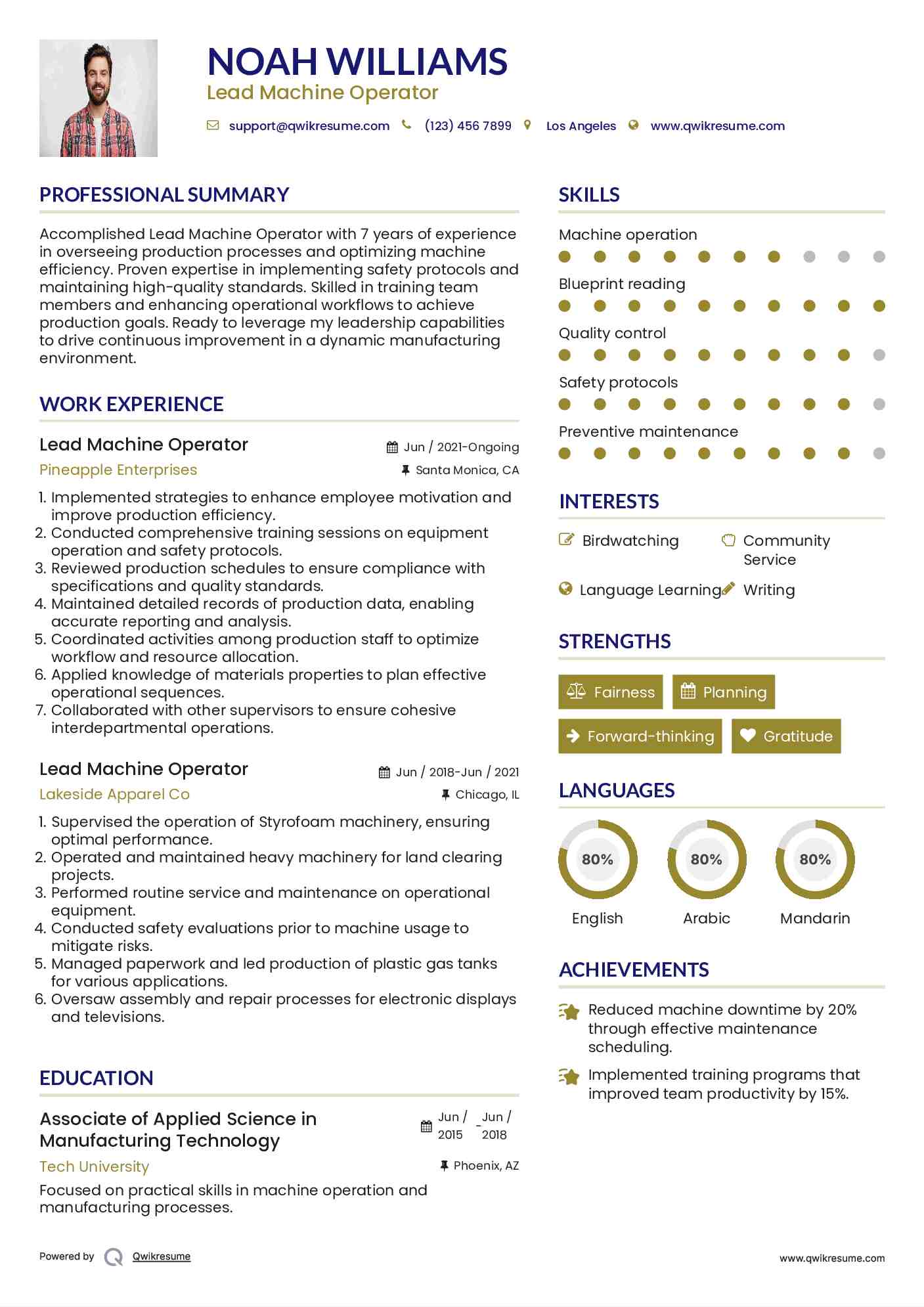 Lead Machine Operator Resume Example