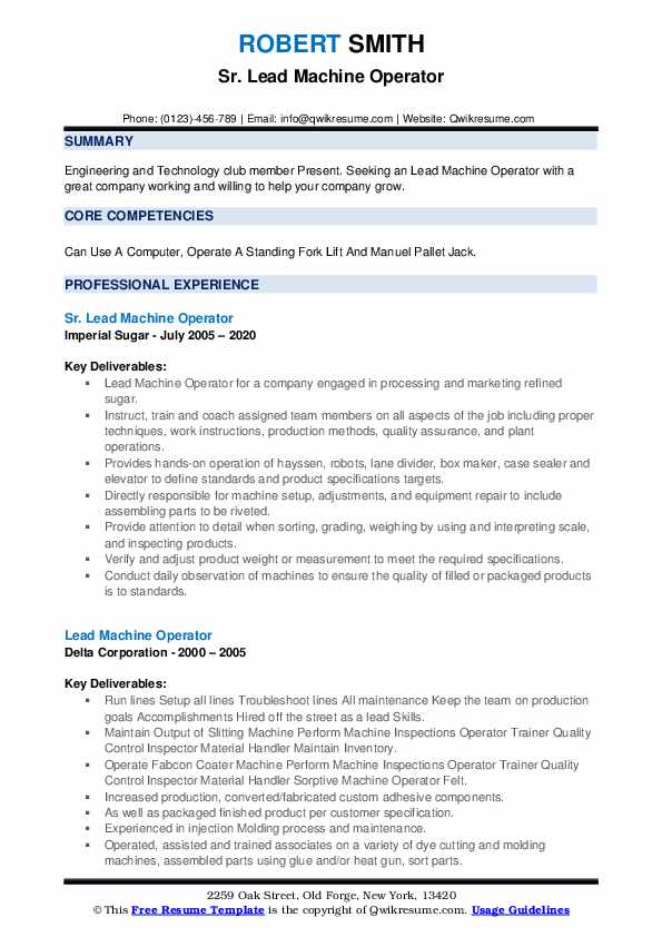 Lead Machine Operator Resume Samples QwikResume
