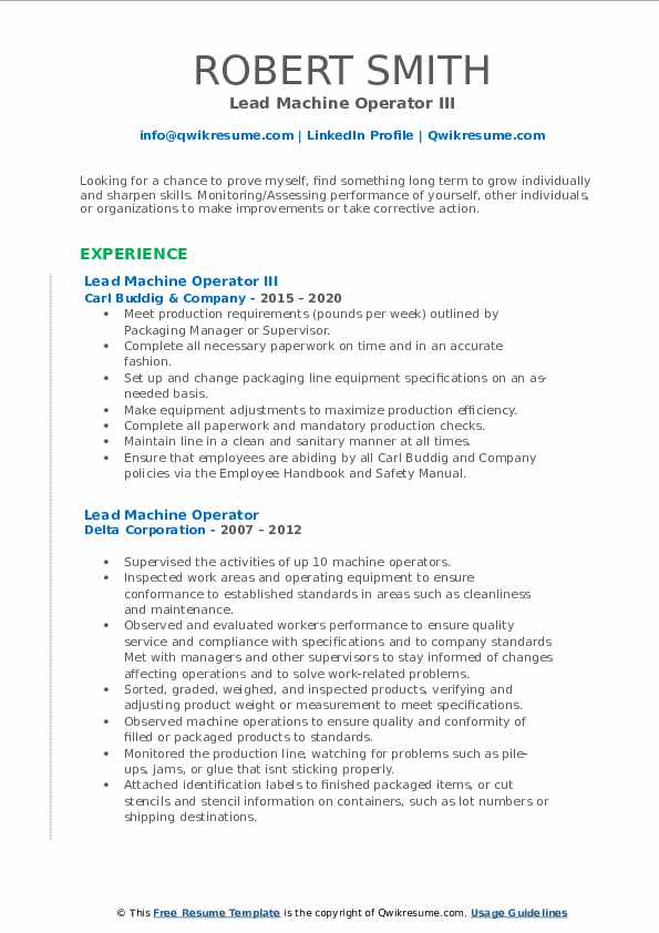Lead Machine Operator Resume Samples QwikResume