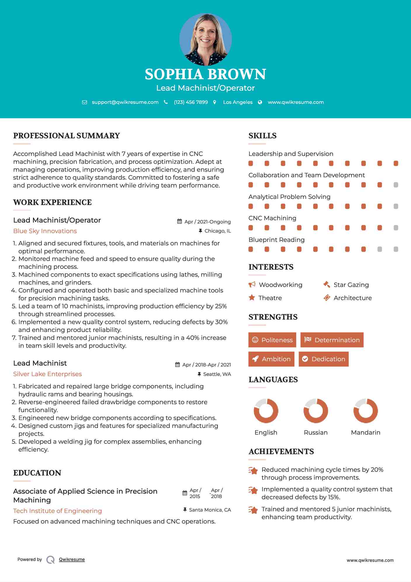 Lead Machinist/Operator Resume Template