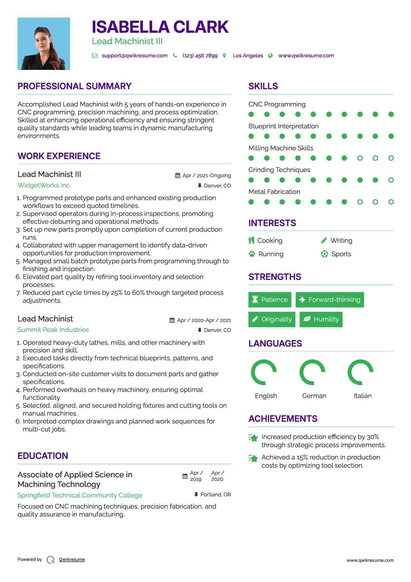 Lead Machinist III Resume Model