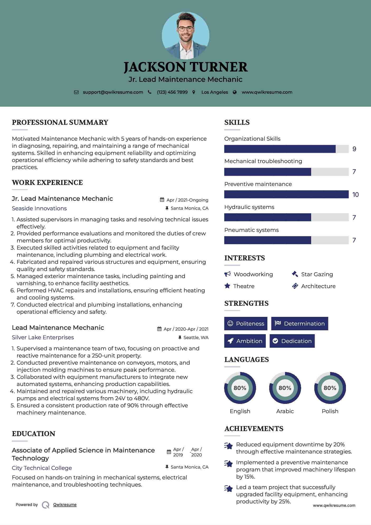 Jr. Lead Maintenance Mechanic Resume Model