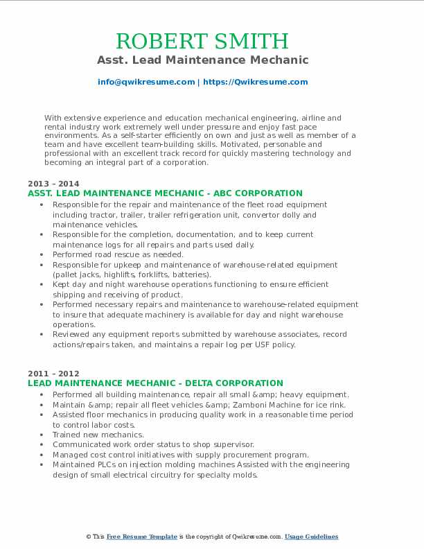 Lead Maintenance Mechanic Resume Samples QwikResume