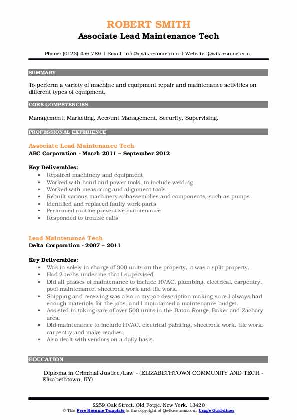 Lead Maintenance Tech Resume Samples - Lead Maintenance Tech 1586863089 Pdf 