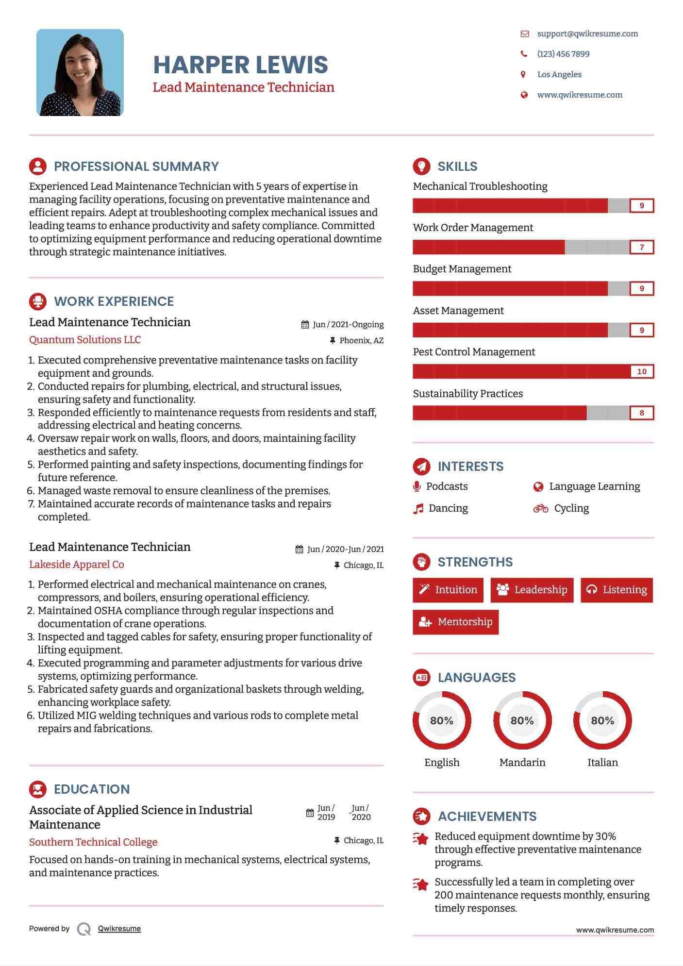 Lead Maintenance Technician Resume Format