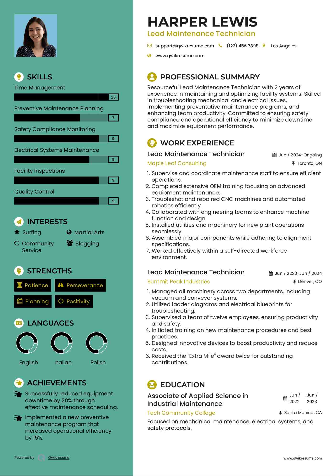 Lead Maintenance Technician Resume Template
