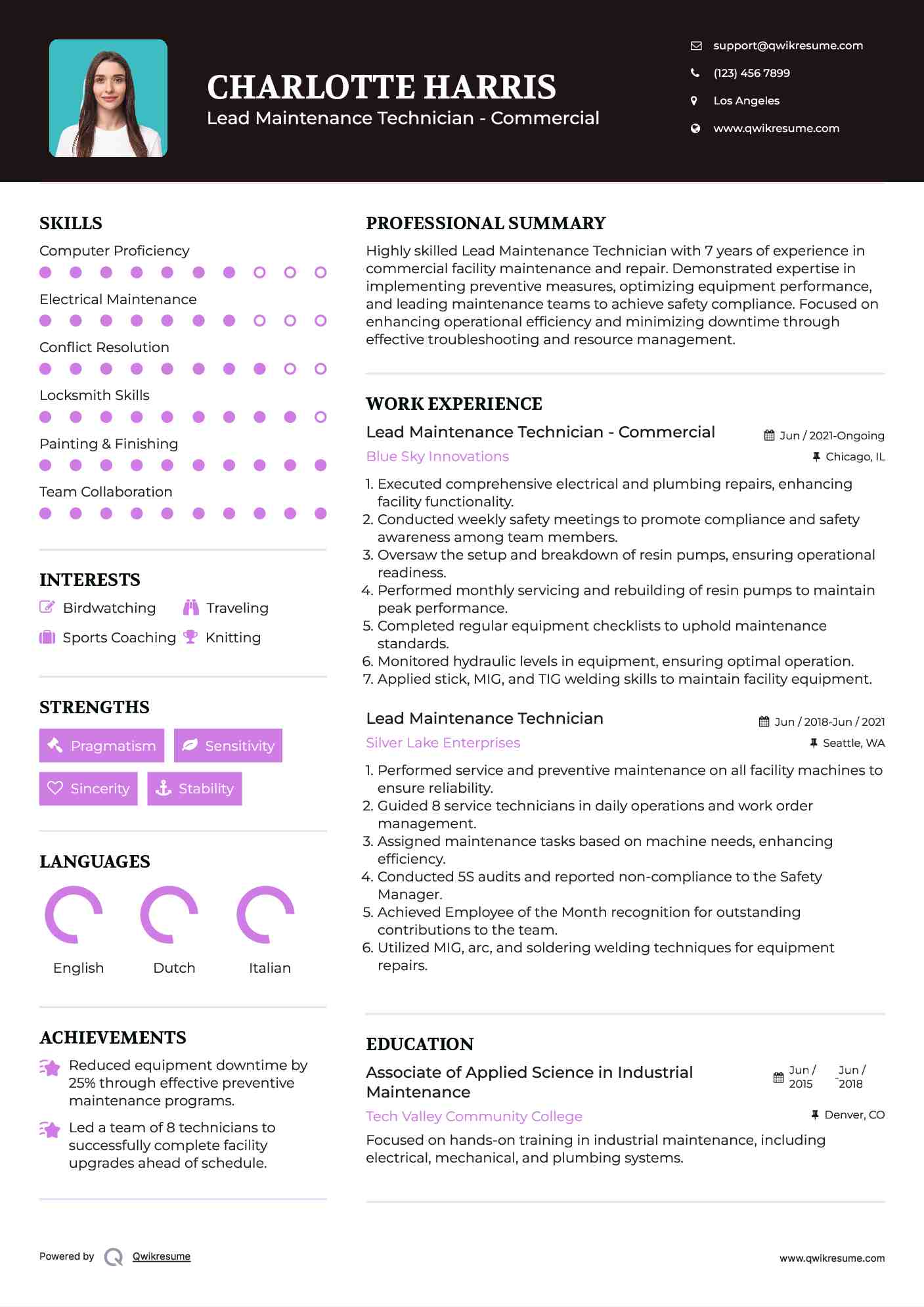 Lead Maintenance Technician - Commercial Resume Template