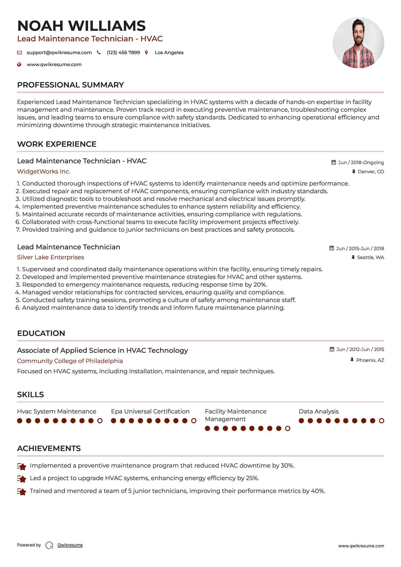 Lead Maintenance Technician - HVAC Resume Model