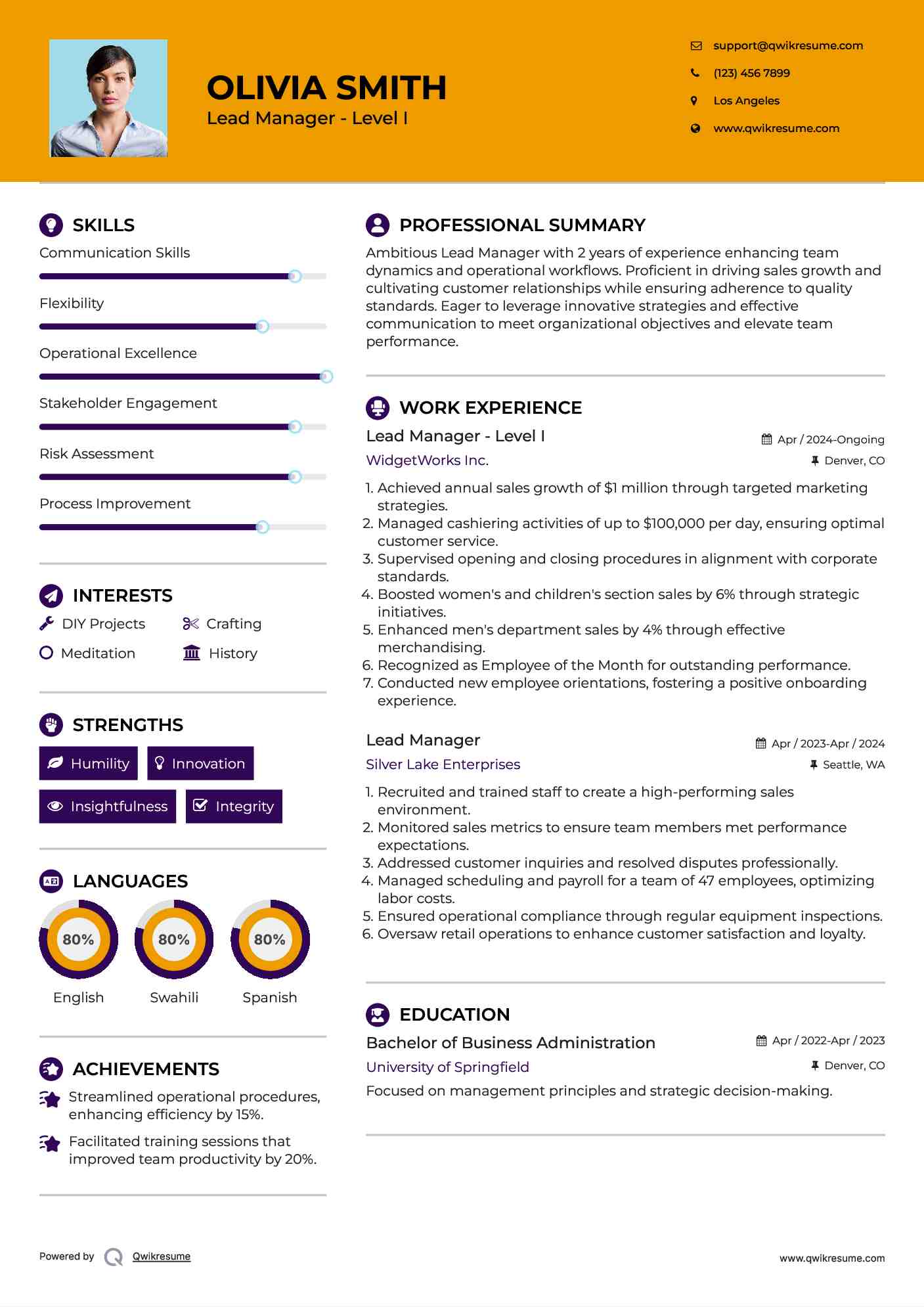 Lead Manager - Level I Resume Example