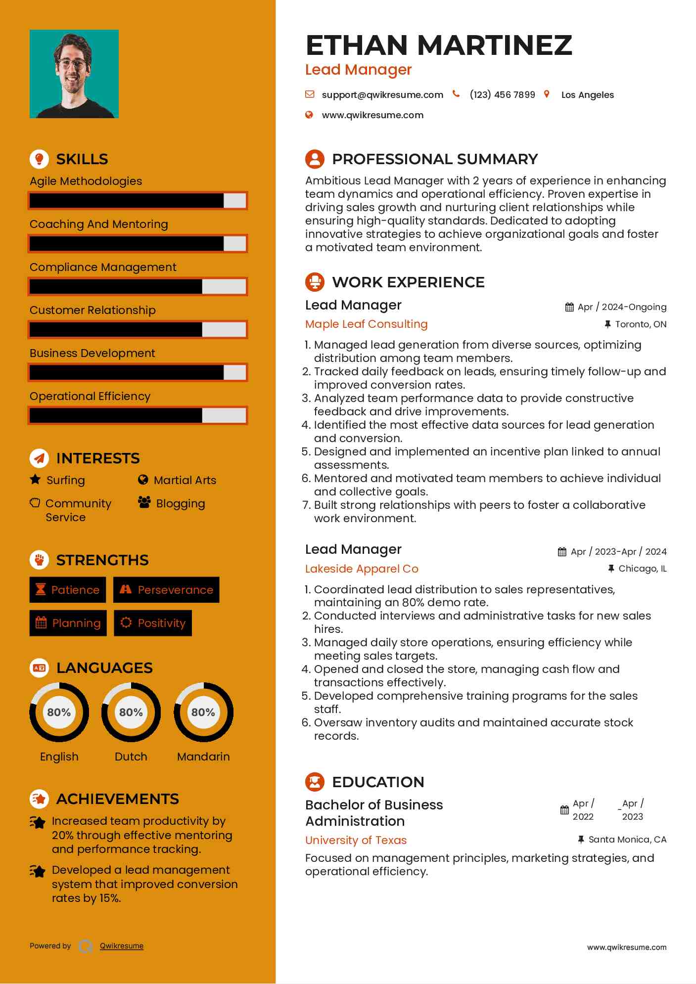 Lead Manager Resume Format