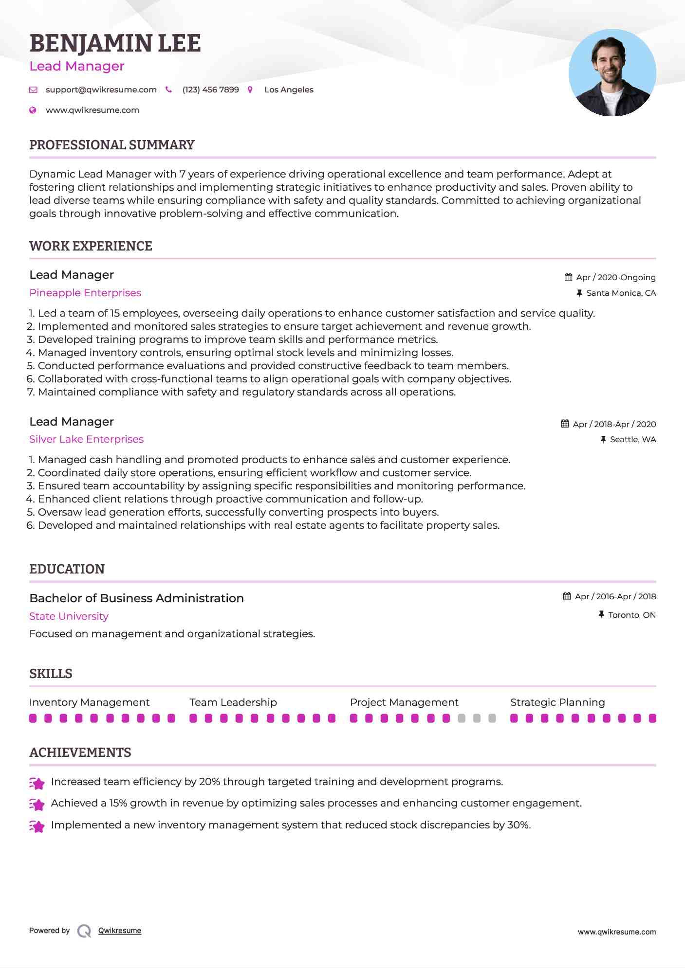 Lead Manager Resume Example