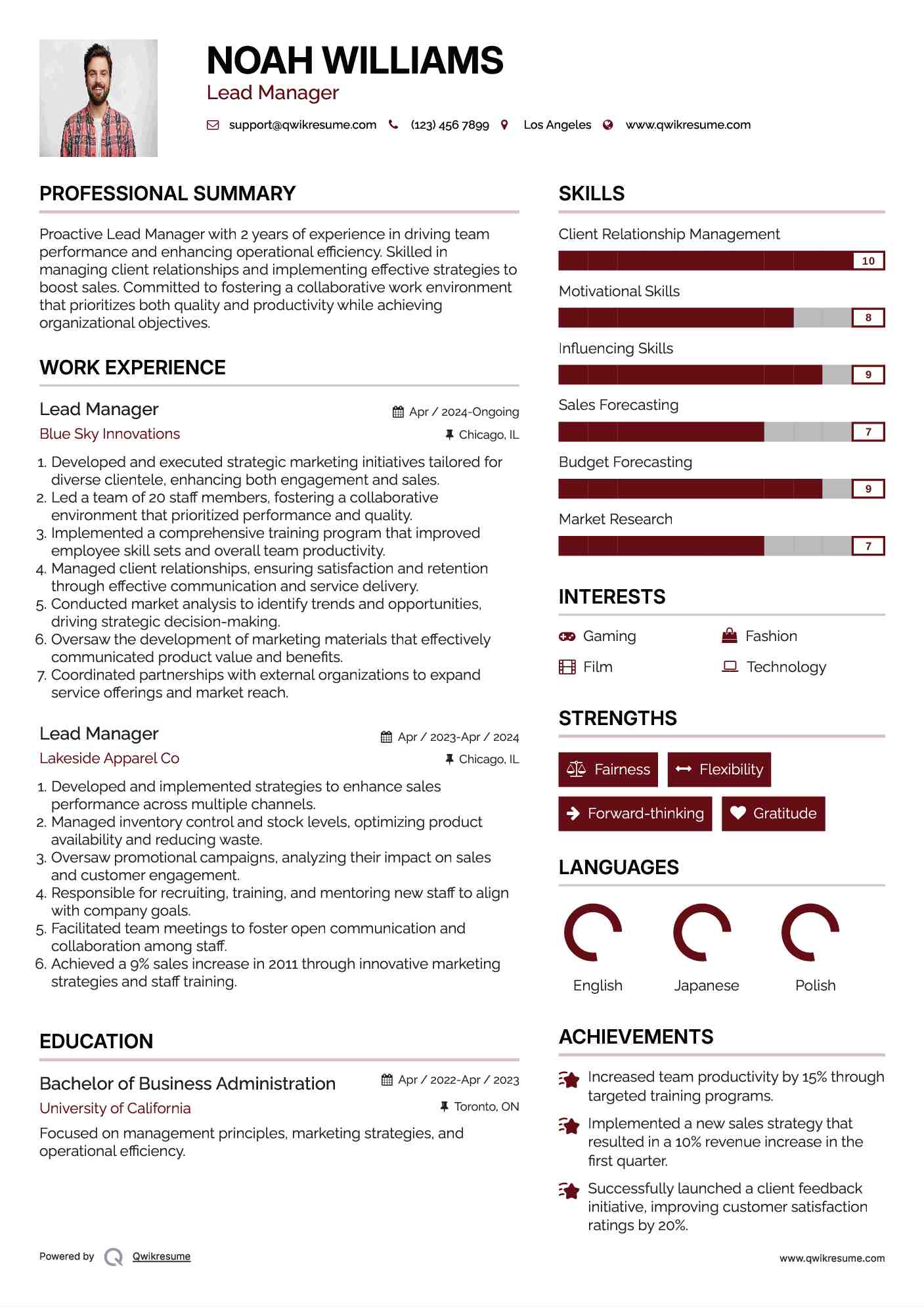 Lead Manager Resume Template