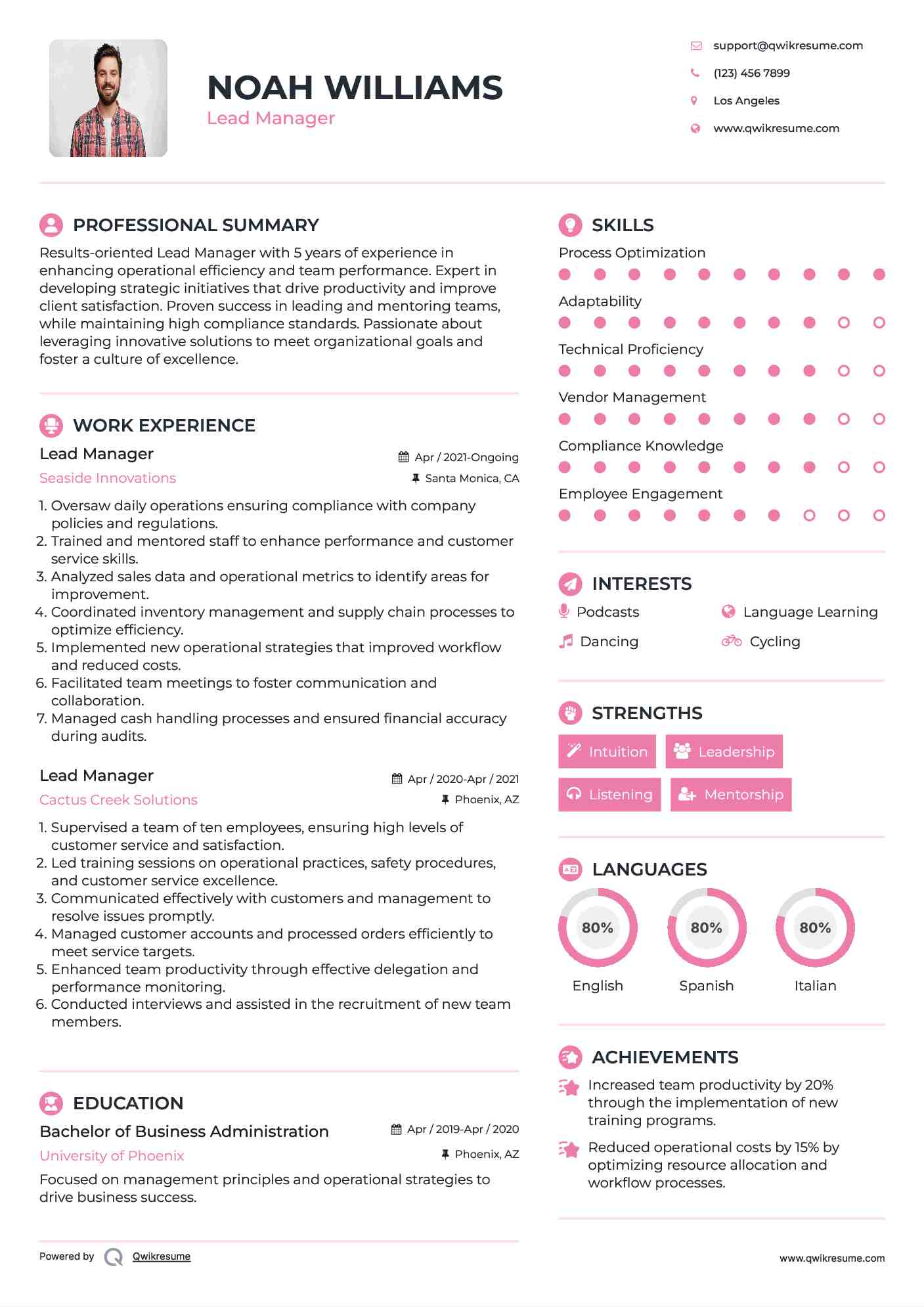 Lead Manager Resume Model