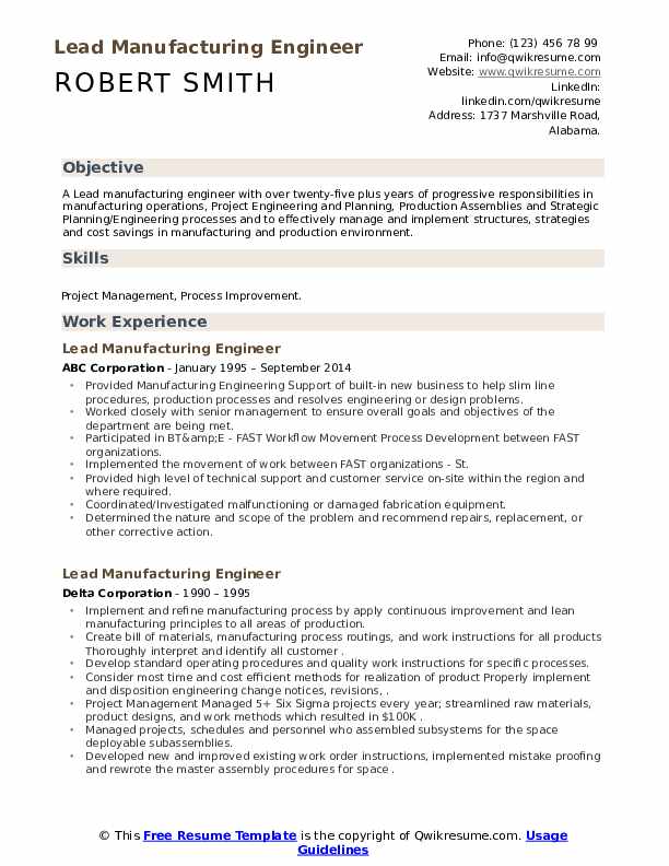 Lead Manufacturing Engineer Resume Samples QwikResume