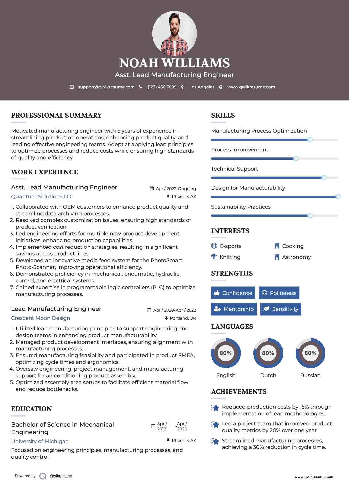 Lead Manufacturing Engineer Resume Samples QwikResume