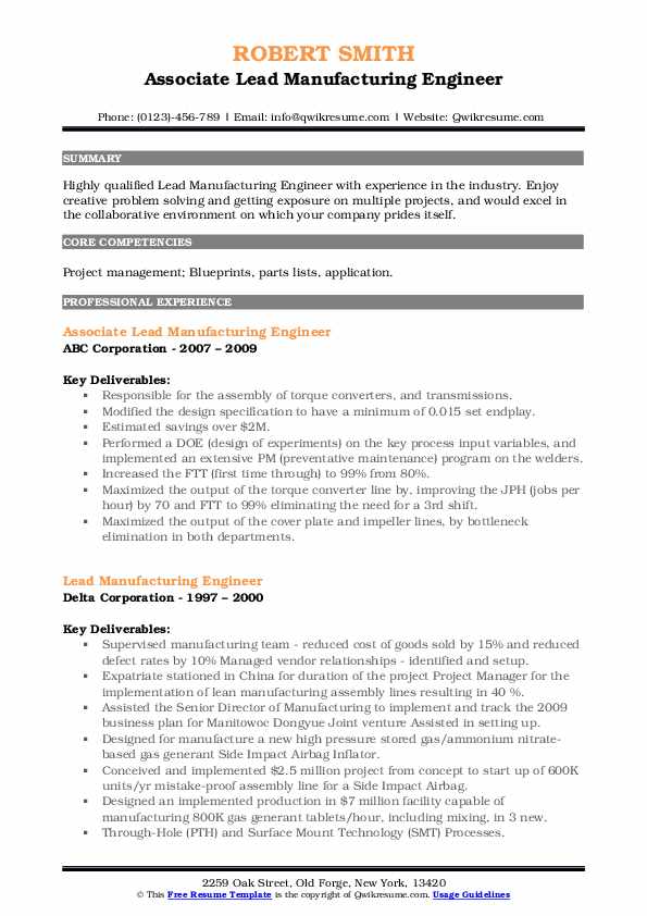 Lead Manufacturing Engineer Resume Samples QwikResume