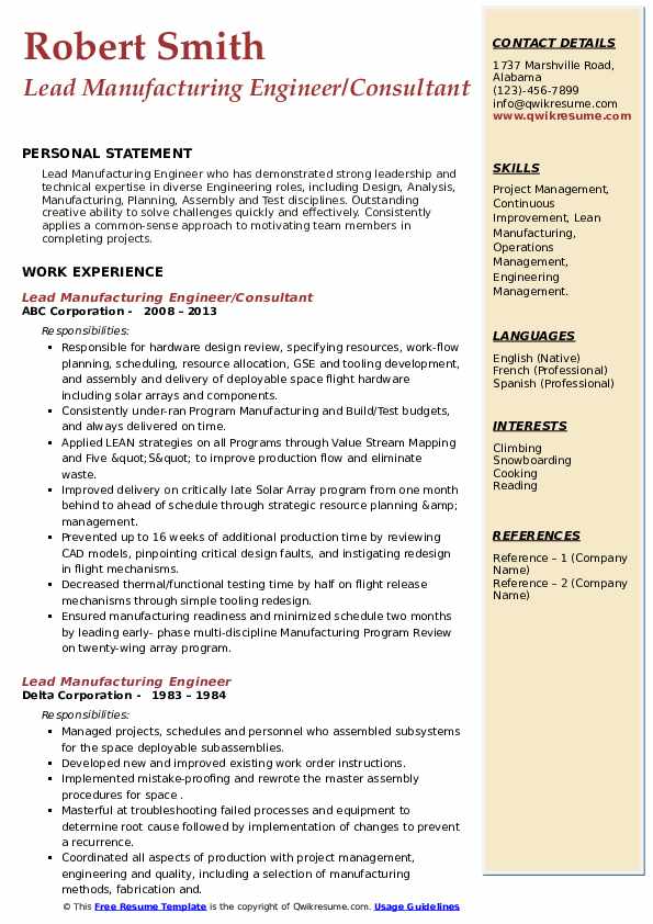 Lead Manufacturing Engineer Resume Samples QwikResume