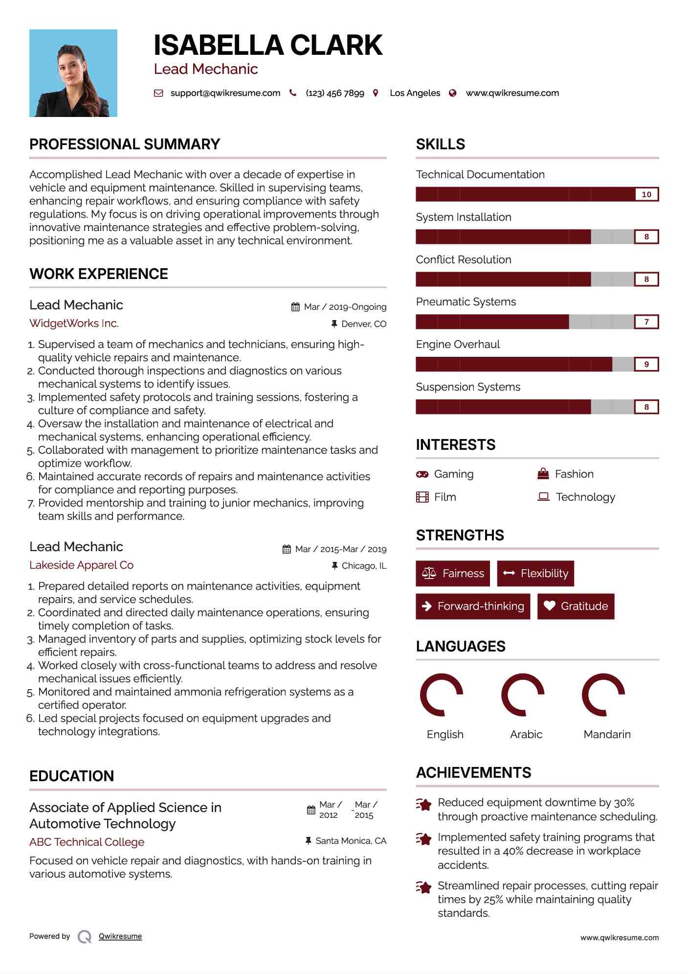 Lead Mechanic Resume Example