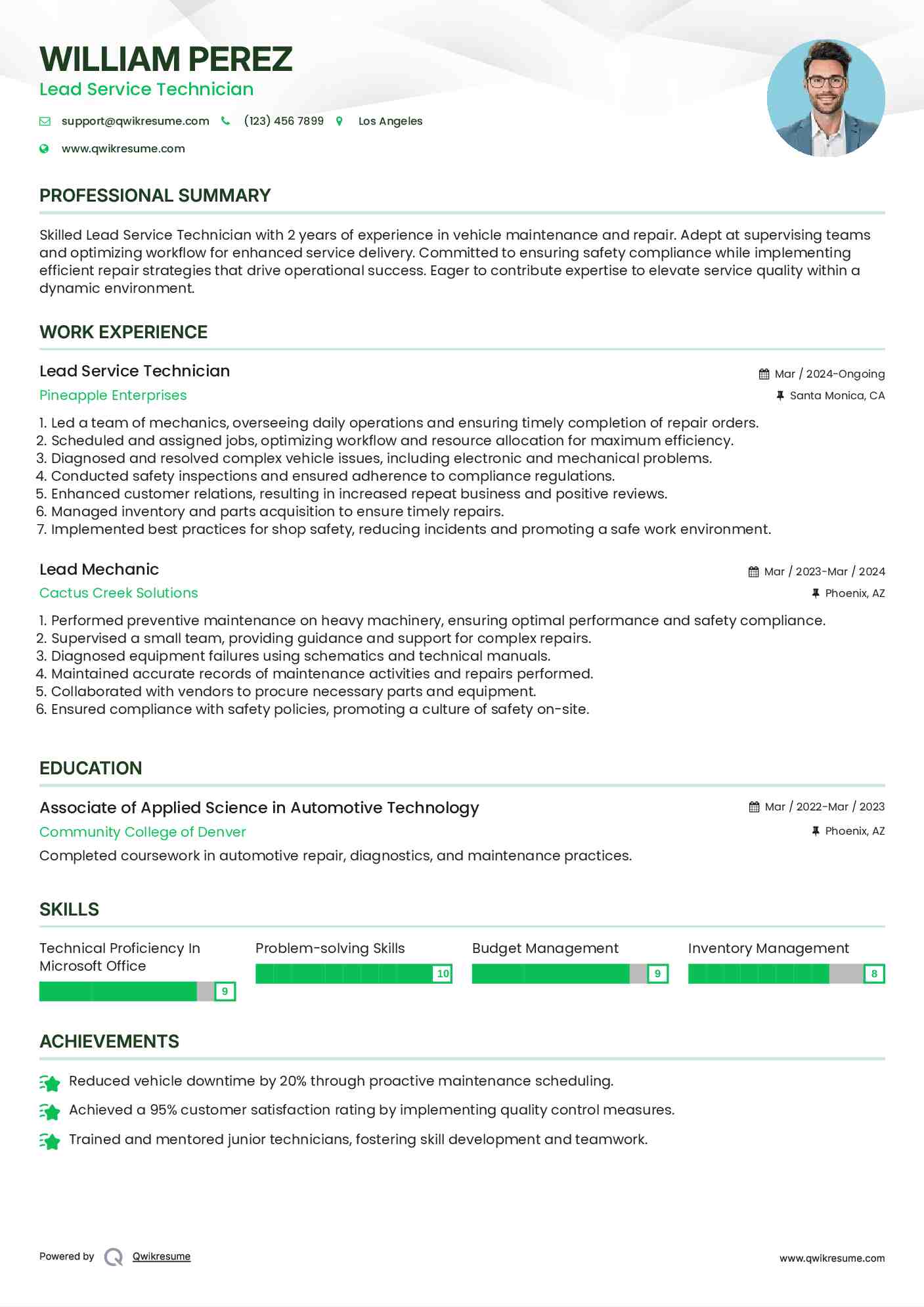 Lead Service Technician Resume Format