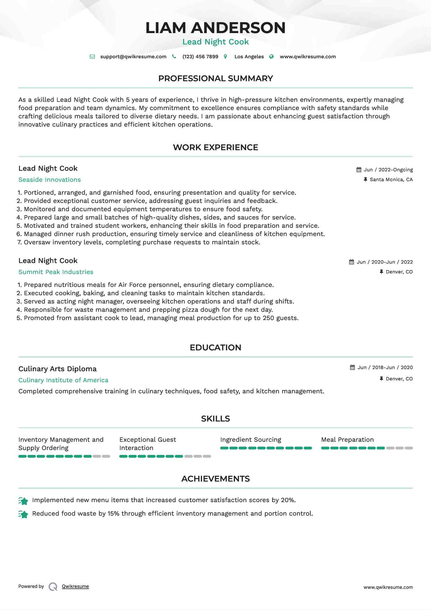 Lead Night Cook Resume Format
