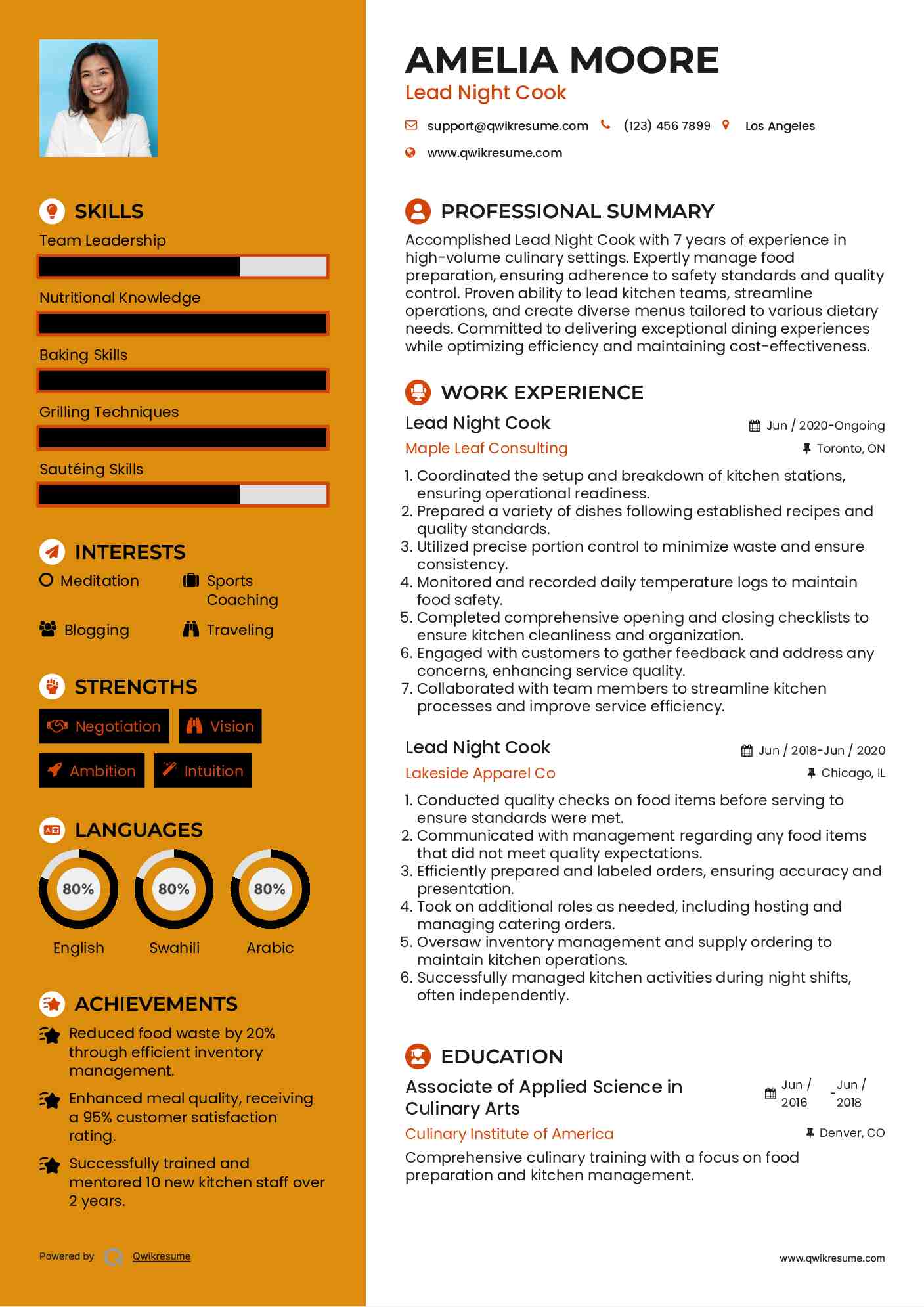 Lead Night Cook Resume Sample