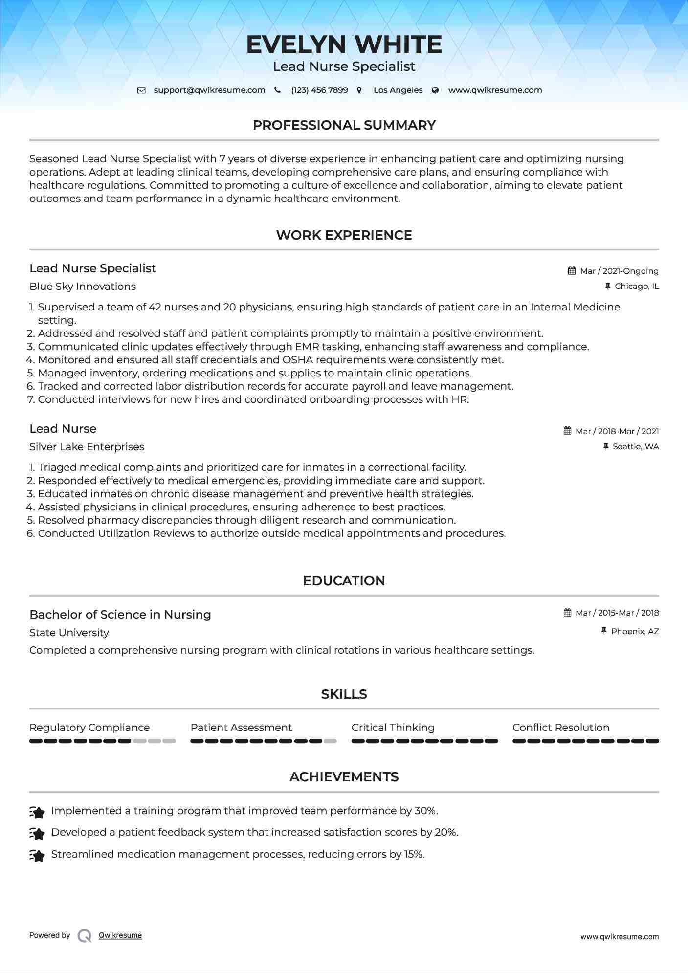 Lead Nurse Specialist Resume Example