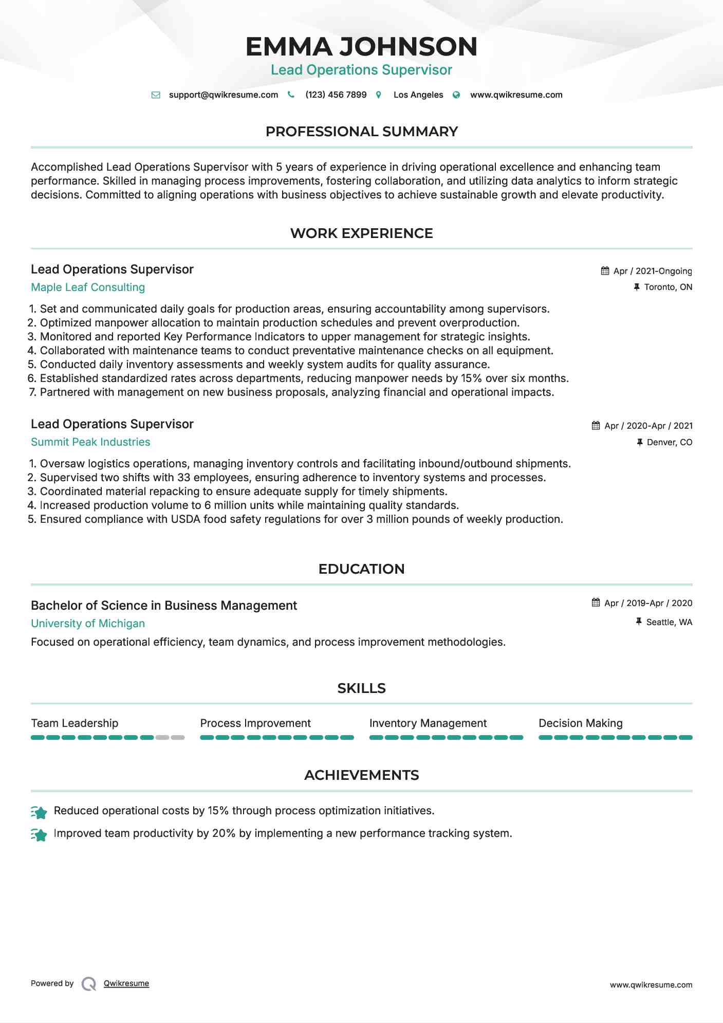 Lead Operations Supervisor Resume Model