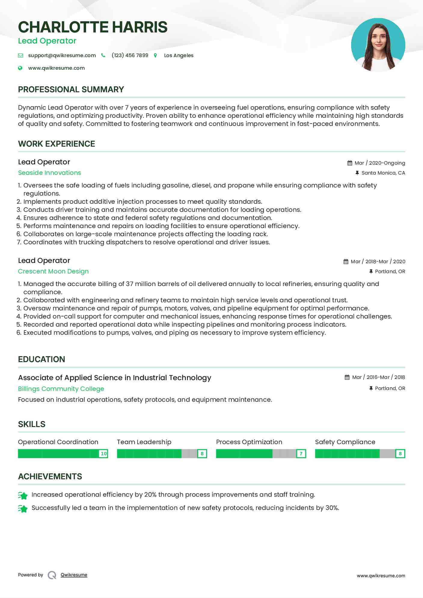 Lead Operator Resume Example