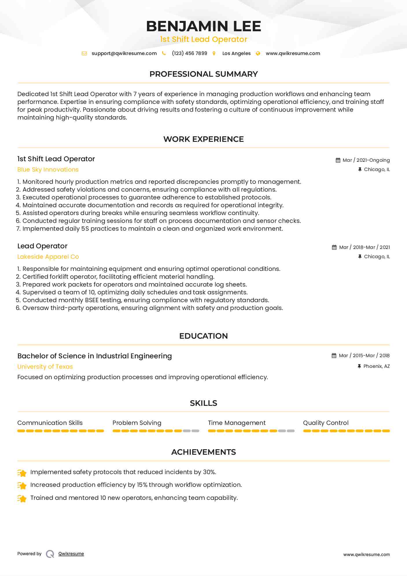1st Shift Lead Operator
 Resume Model