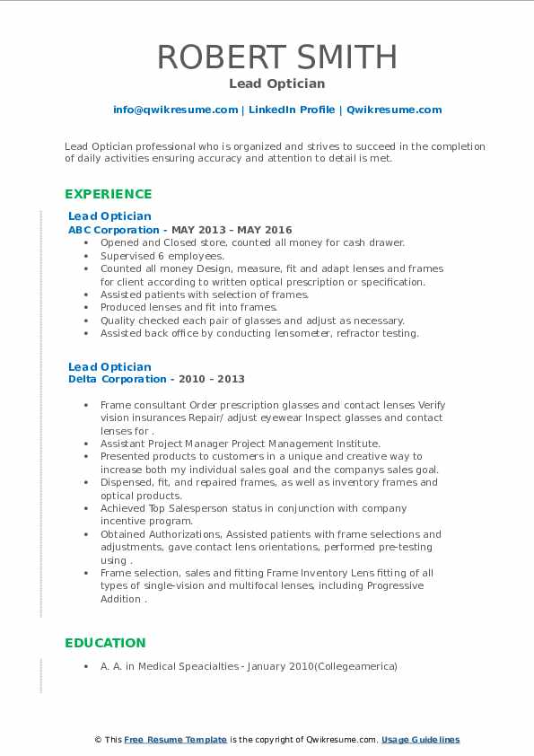 Lead Optician Resume Samples QwikResume