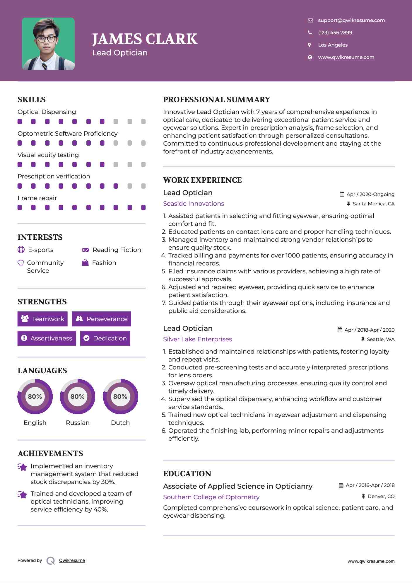 Lead Optician Resume Samples QwikResume