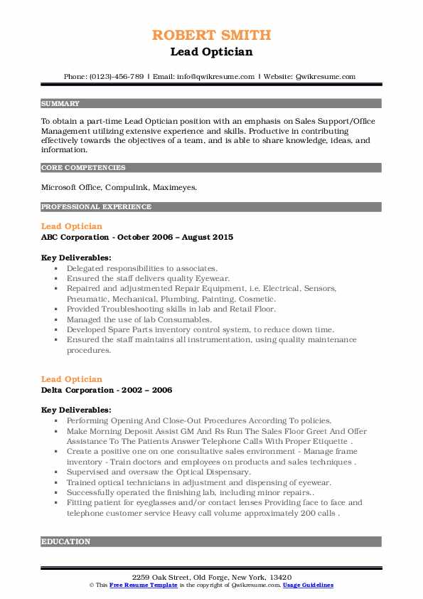 Lead Optician Resume Samples QwikResume