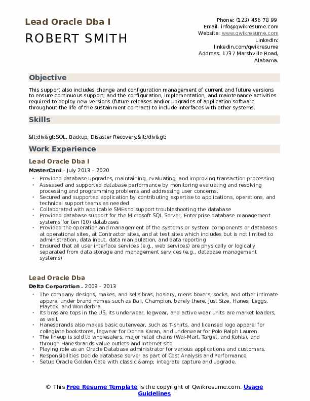Lead Oracle Dba Resume Samples QwikResume
