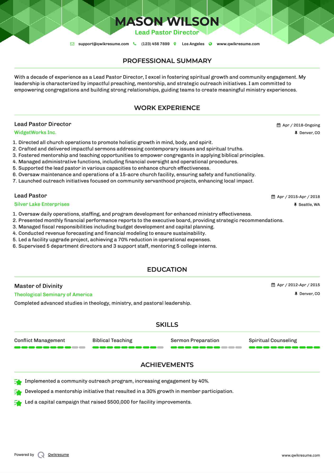 Lead Pastor Director Resume Format