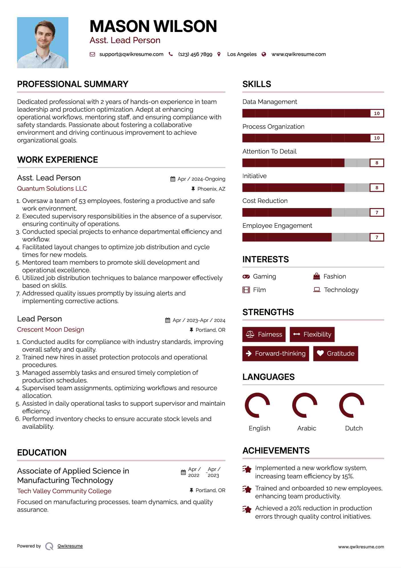 Asst. Lead Person Resume Model