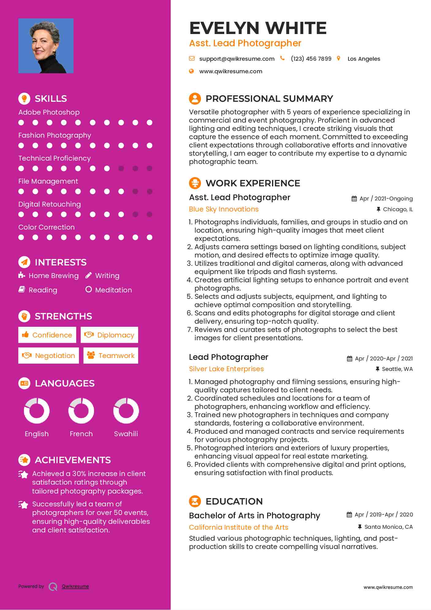 Asst. Lead Photographer Resume Model