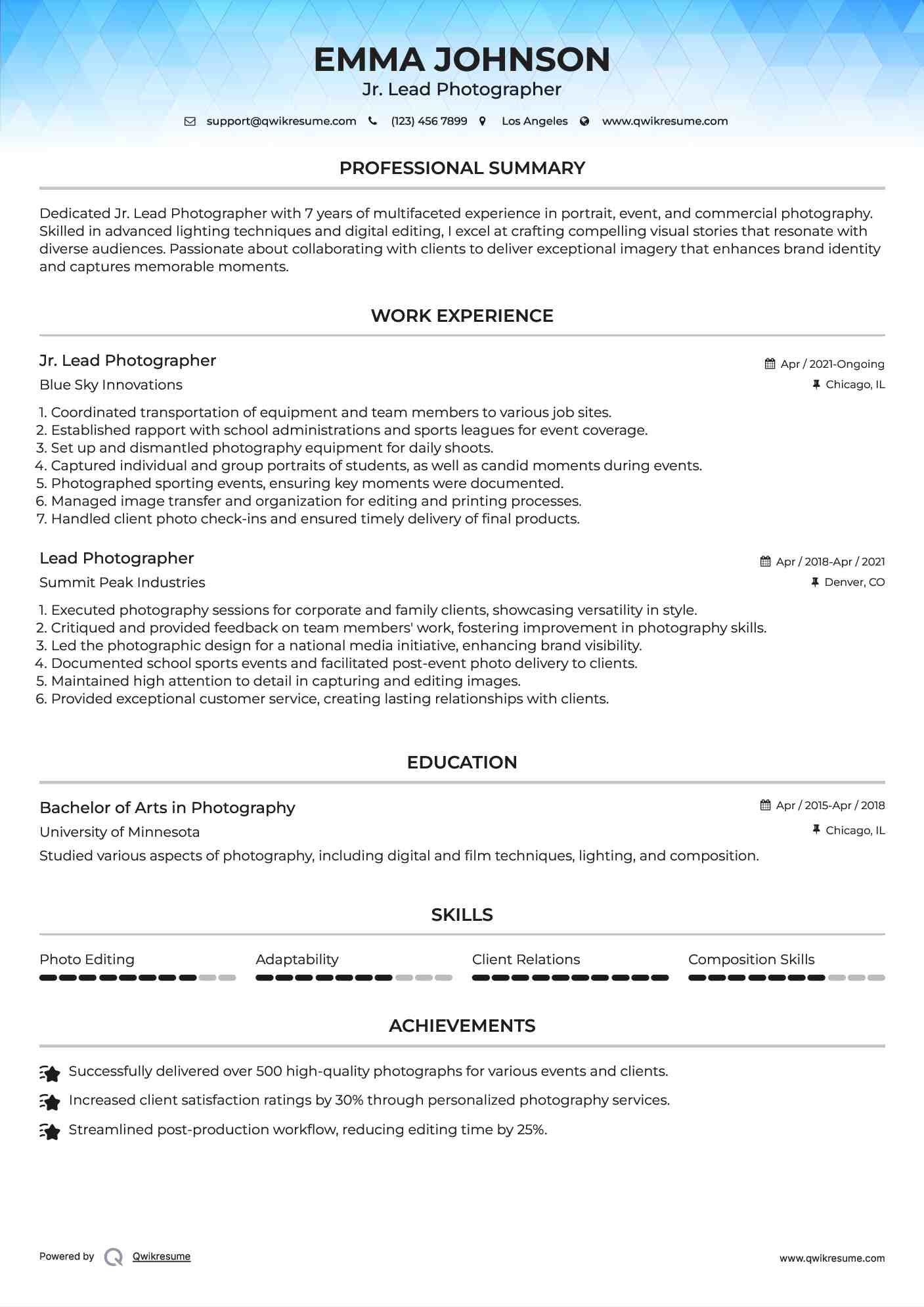 Jr. Lead Photographer Resume Example
