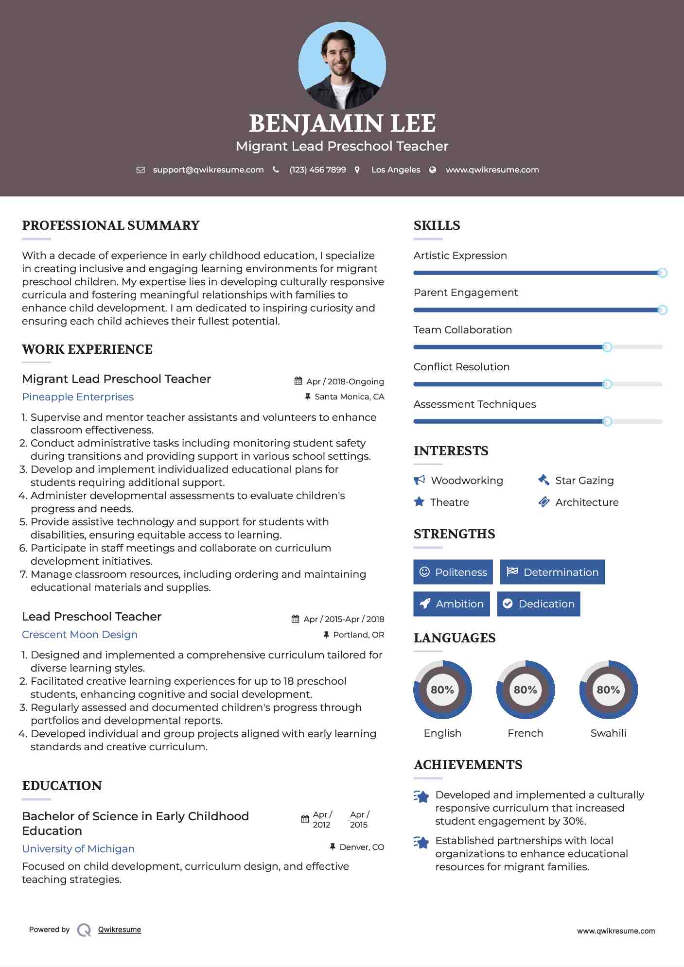 Migrant Lead Preschool Teacher Resume Example