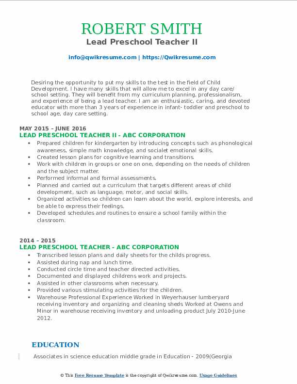 Lead Preschool Teacher Resume Samples QwikResume