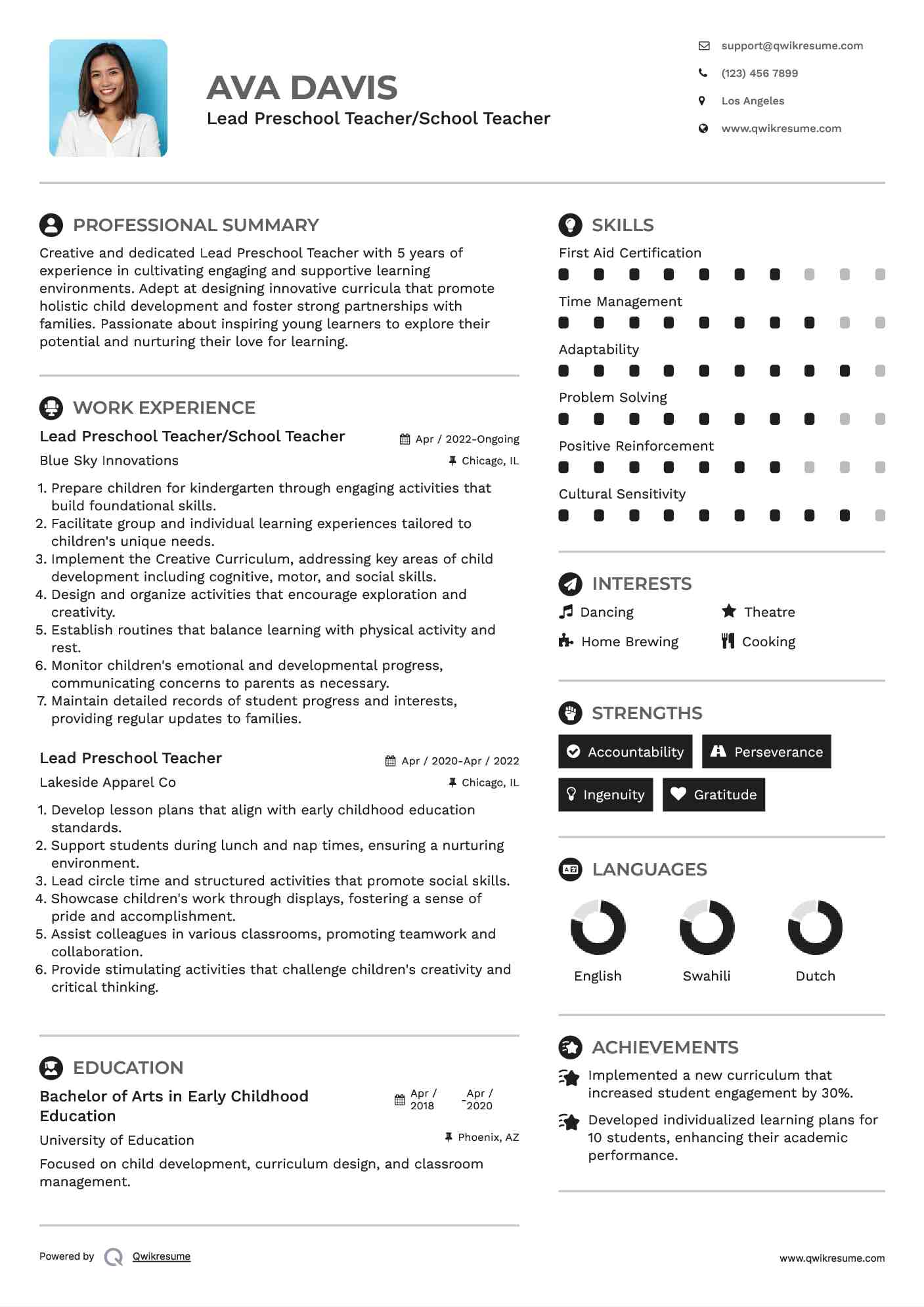 Lead Preschool Teacher/School Teacher Resume Example