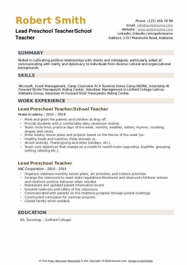 Lead Preschool Teacher Resume Samples QwikResume
